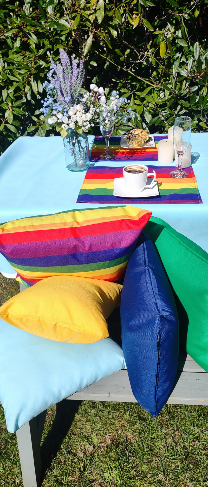 Rainbow Garden Table Set – Tablecloth, 4 Cushion Covers and Place mats | Perfect for Garden Parties, Weddings & Kids&