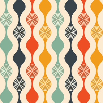 retro, cotton, natural fabric with pattern in 60s, 70s style (geometric in four colours)