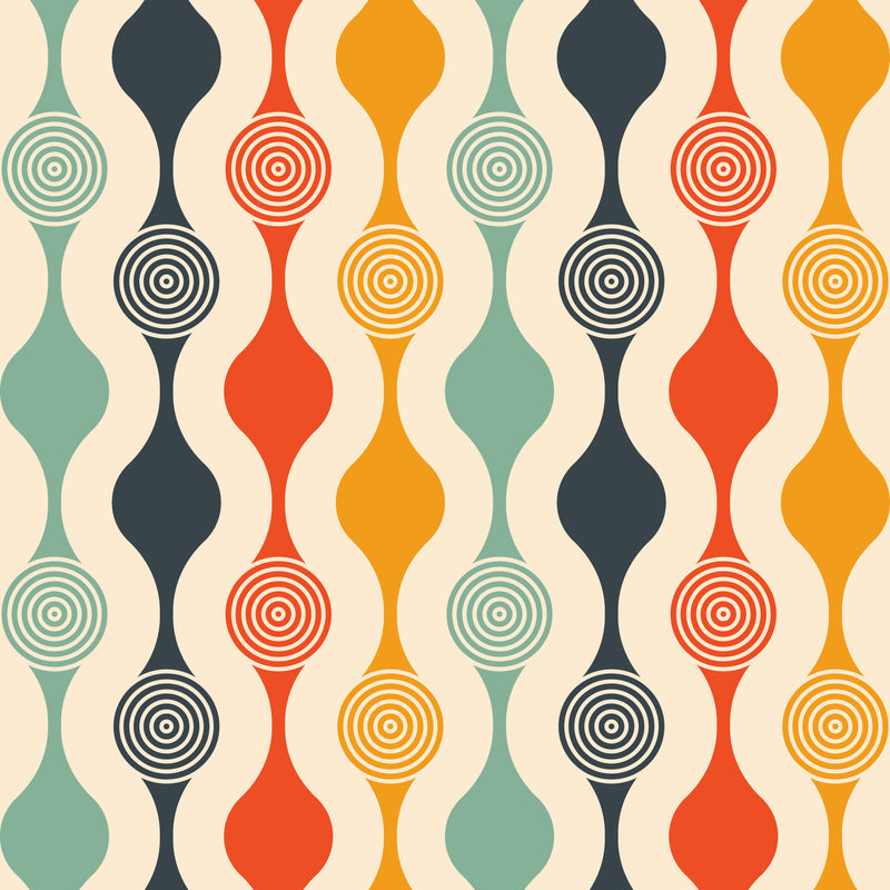retro, cotton, natural fabric with pattern in 60s, 70s style (geometric in four colours)